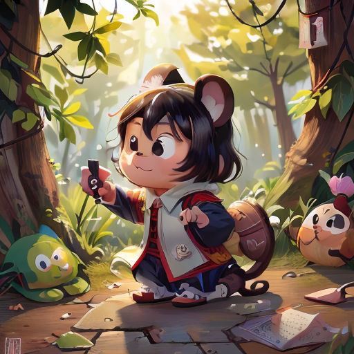 a girl in a forest with a phone in her hand and a panda bear in the background, and a panda bear in the foreground