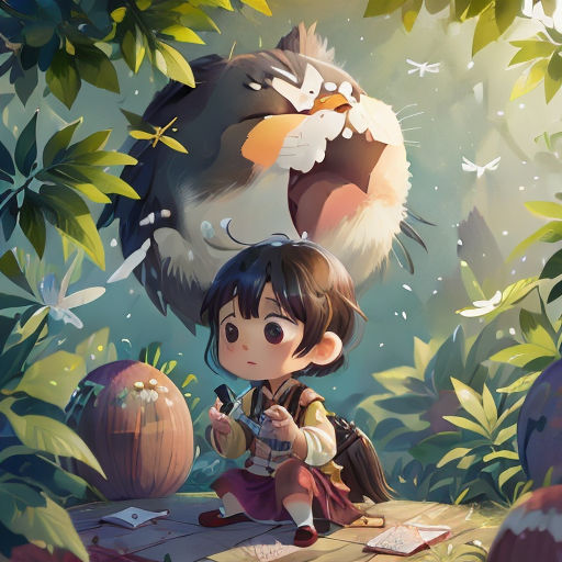 a girl sitting on a rock in the woods with a cat on her head and a bird on her shoulder