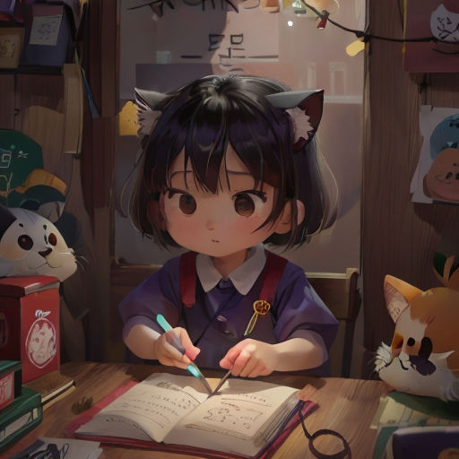 a girl sitting at a table with a book and pen in her hand and cats around her head and a cat on the wall