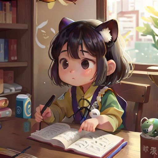 a girl sitting at a desk with a book and a pen in her hand and a cat on her head
