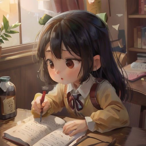 a girl sitting at a desk writing on a book and holding a pen and paper in her hand and a jar of honeys in the background