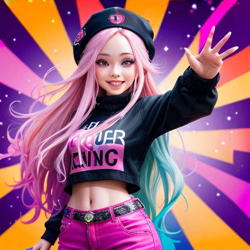 a girl with pink hair and a black top is posing for a picture with her arms out and hands out