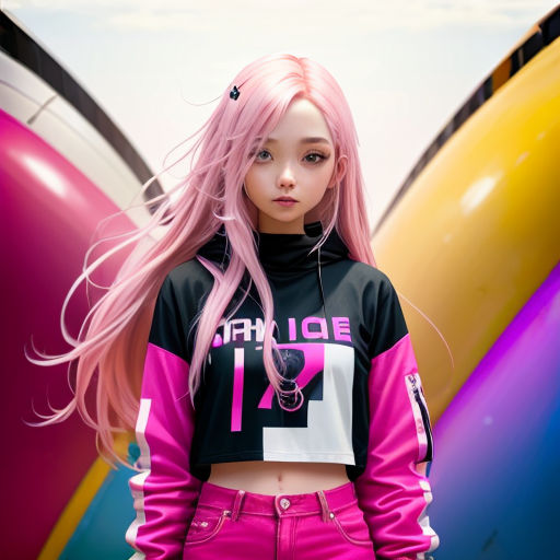 a girl with pink hair and a black shirt with a number on it and a pink ponytail standing in front of a colorful background