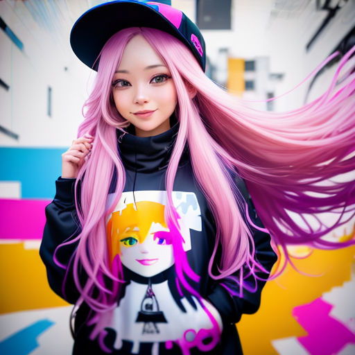 a woman with pink hair and a hat on her head and a black shirt with a picture of a girl with pink hair