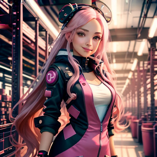 a woman with pink hair and a pink outfit standing in a hallway with a pink and black outfit on
