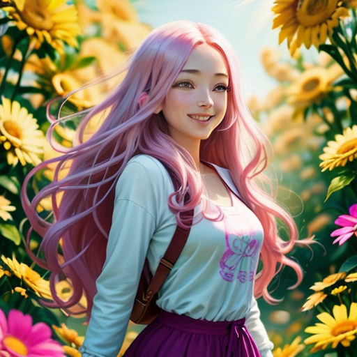 a girl with pink hair and a backpack standing in a field of flowers with sunflowers in the background