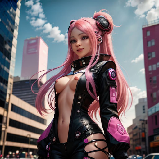a very pretty lady with pink hair and a very big breast in a city setting with tall buildings and cars
