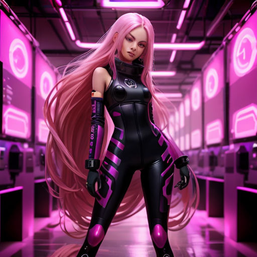 a woman in a futuristic suit standing in a hallway with pink hair and a pink background with neon lights