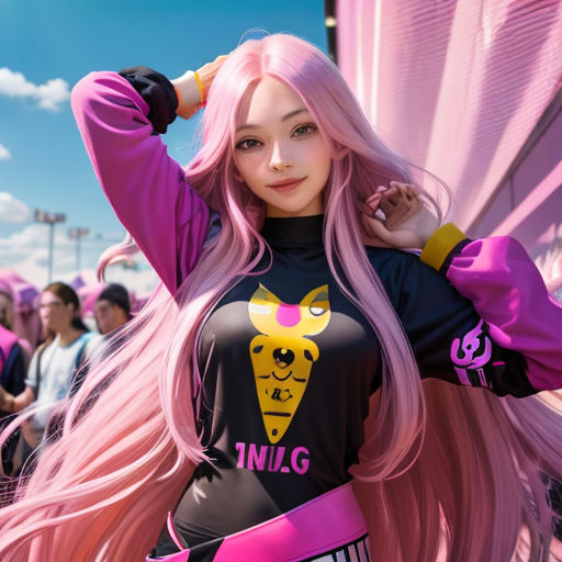 a woman with pink hair and a black shirt with a yellow and pink design on it and a pink and yellow background