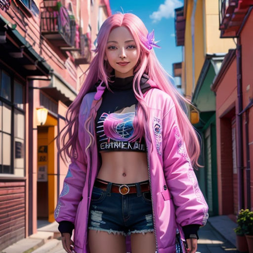 a woman with pink hair and a pink jacket is standing in the street with her hands in her pockets