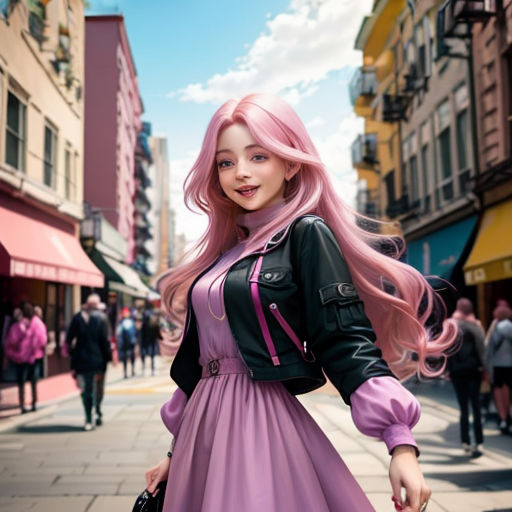 a woman with pink hair and a black jacket on a city street with people walking by and a pink haired woman with pink hair