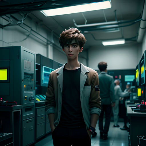 a man standing in a room with many monitors on the wall and people walking around the room in the background