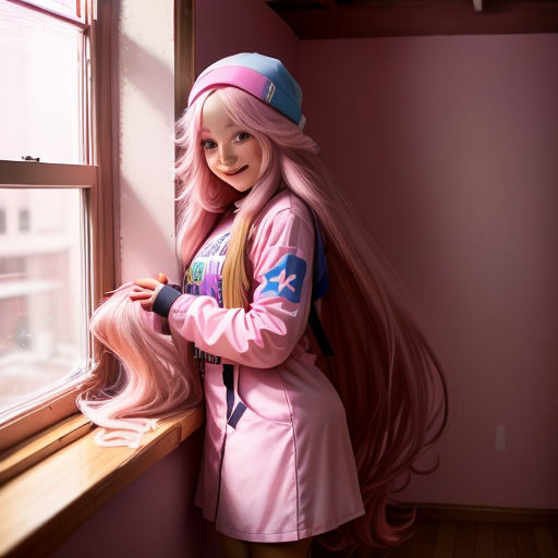 a girl with long pink hair is standing by a window and looking out the window at the city outside