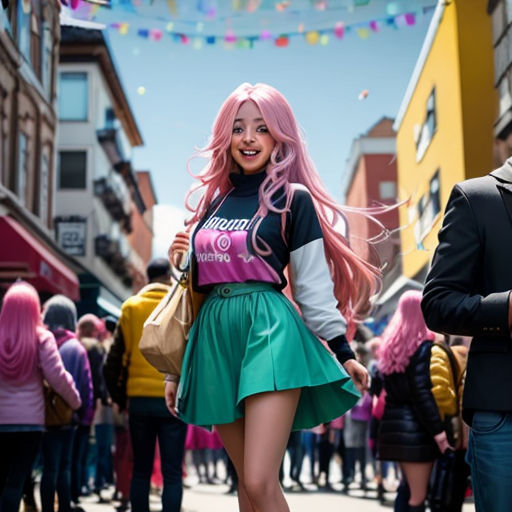 a woman with pink hair and a green skirt is walking down a street with people in the background and a string of lights