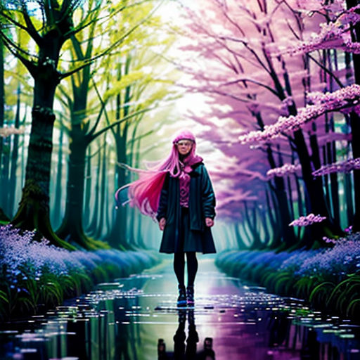 a woman walking down a road surrounded by trees and flowers in the rain with a pink hat on her head