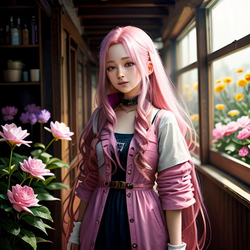 a woman with pink hair and a pink dress standing in front of a window with flowers in the background