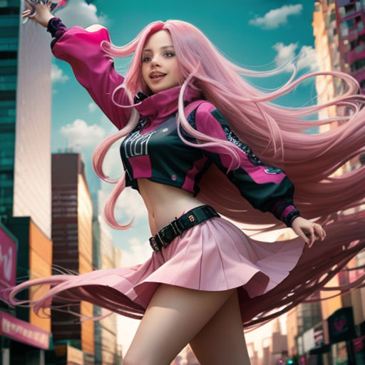 a woman with pink hair and a pink outfit is posing in the street with her pink hair blowing in the wind