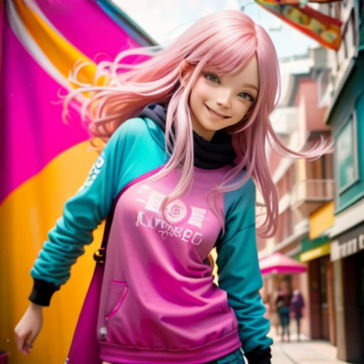a girl with pink hair and a blue shirt is walking down a street with a kite in the background