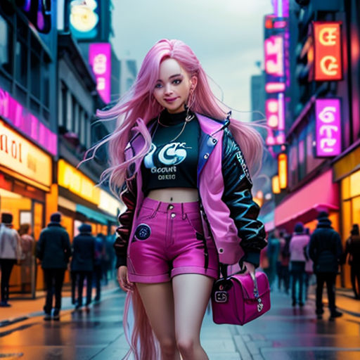 a woman with pink hair and a black shirt and pink shorts is walking down a city street with neon lights