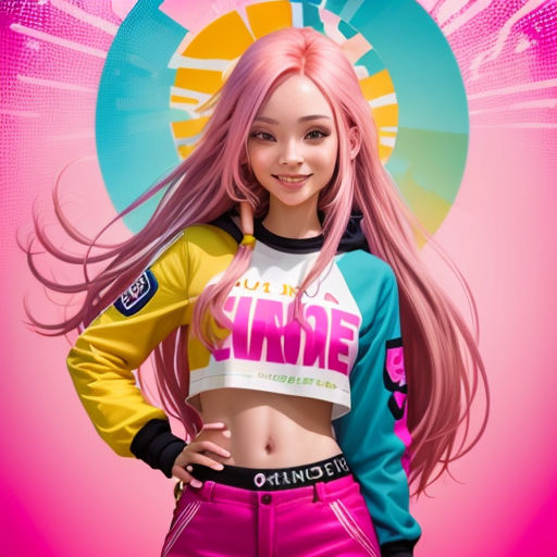 a girl with pink hair and a crop top on a pink background with a sun in the background and a pink background