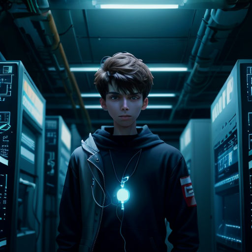 a boy in a hooded sweatshirt stands in a server room with a glowing light on his head and a glowing light on his ear