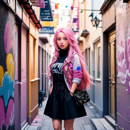 a woman with pink hair and a black dress is standing in a alleyway with graffiti on the walls