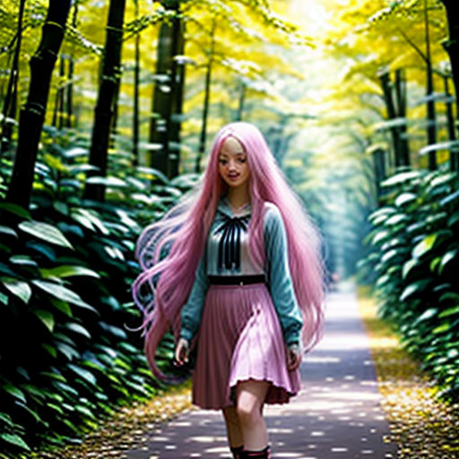 a woman with pink hair walking down a path in the woods with trees and leaves on either side of her