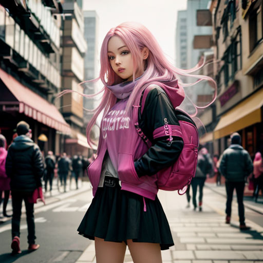 a woman with pink hair and a pink backpack on a city street with people walking by on the sidewalk