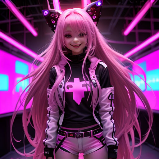 a girl with pink hair and a cat ears outfit in a futuristic setting with neon lights and a cat ears