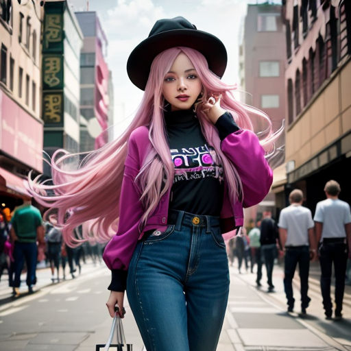a woman with pink hair and a black hat is walking down the street with a bag in her hand