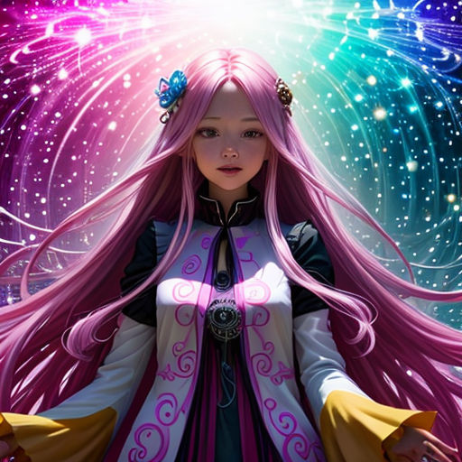 a girl with pink hair and a purple dress with a purple and white design on it, standing in front of a colorful background
