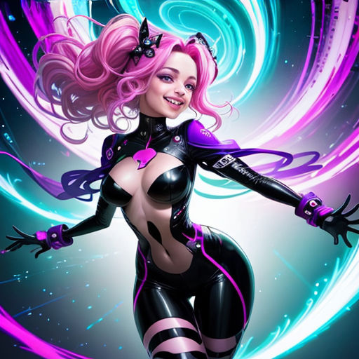 a woman in a cat suit with pink hair and black gloves and a cat mask on her head and a purple and blue swirl around her body