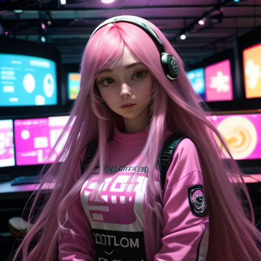 a woman with pink hair wearing headphones and a pink shirt with a pink background and a television screen