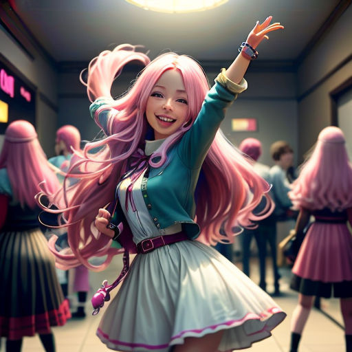 a girl with pink hair and a green shirt and skirt is dancing in a room with other people in the background