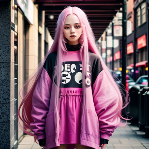a woman with pink hair and a pink dress on a sidewalk in a city street with a pink wig