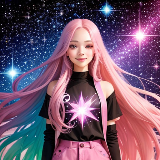 a girl with long pink hair and a black shirt with stars on it, standing in front of a background of stars