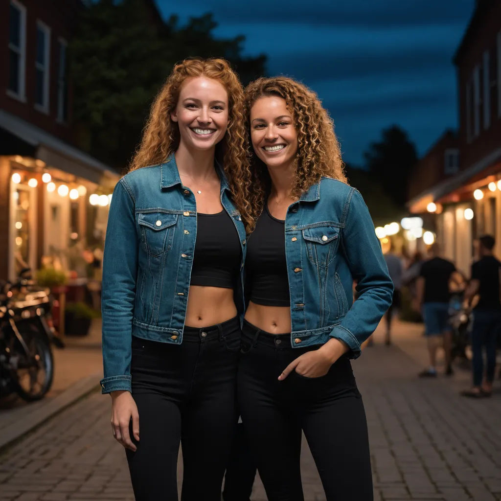 two women standing next to each other on a street at night with lights on the buildings behind them and a dark sky, private press, a stock photo, Ella Guru, portrait photography