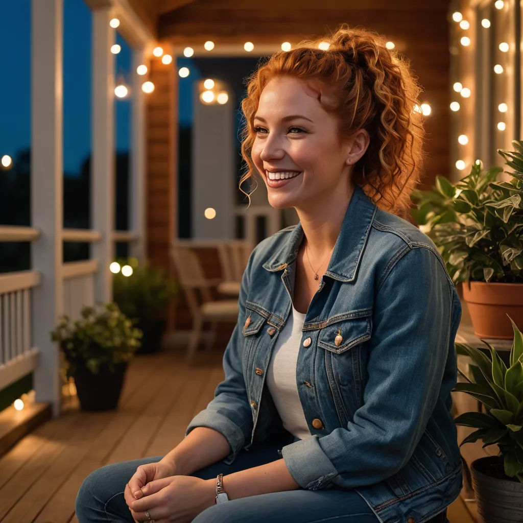 a woman sitting on a porch with a smile on her face and lights on the porch behind her and a potted plant in the foreground, american impressionism, a stock photo, Elinor Proby Adams, promotional image