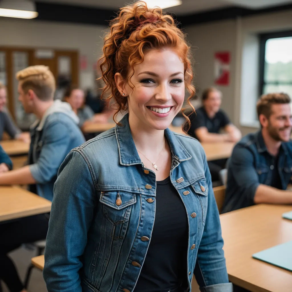 a woman standing in front of a classroom full of students smiling for the camera with a smile on her face, american barbizon school, a stock photo, Brigette Barrager, promotional image