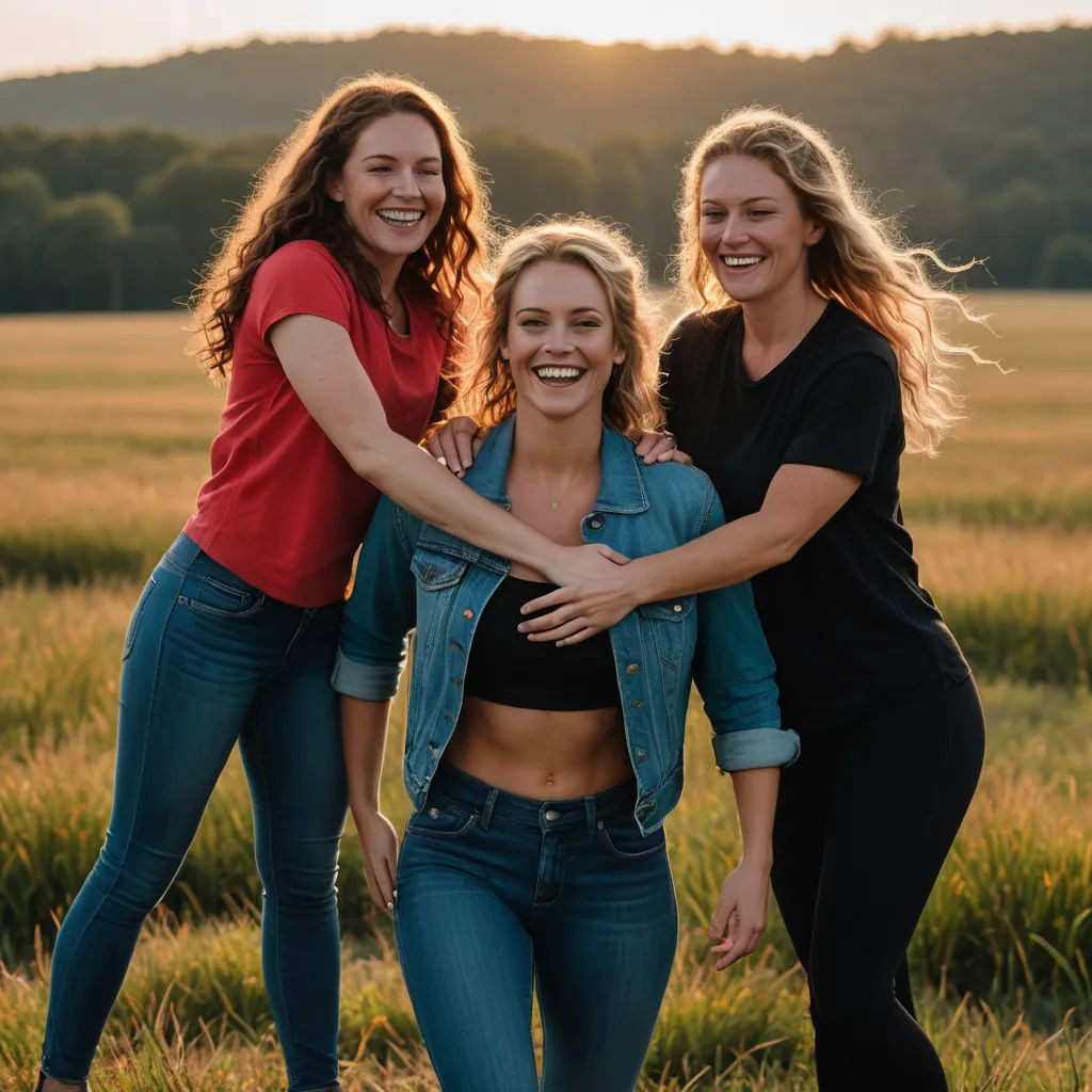 three women are posing for a picture in a field of grass and trees, one of them is holding her arms around the other, private press, a stock photo, Apelles, portrait photography