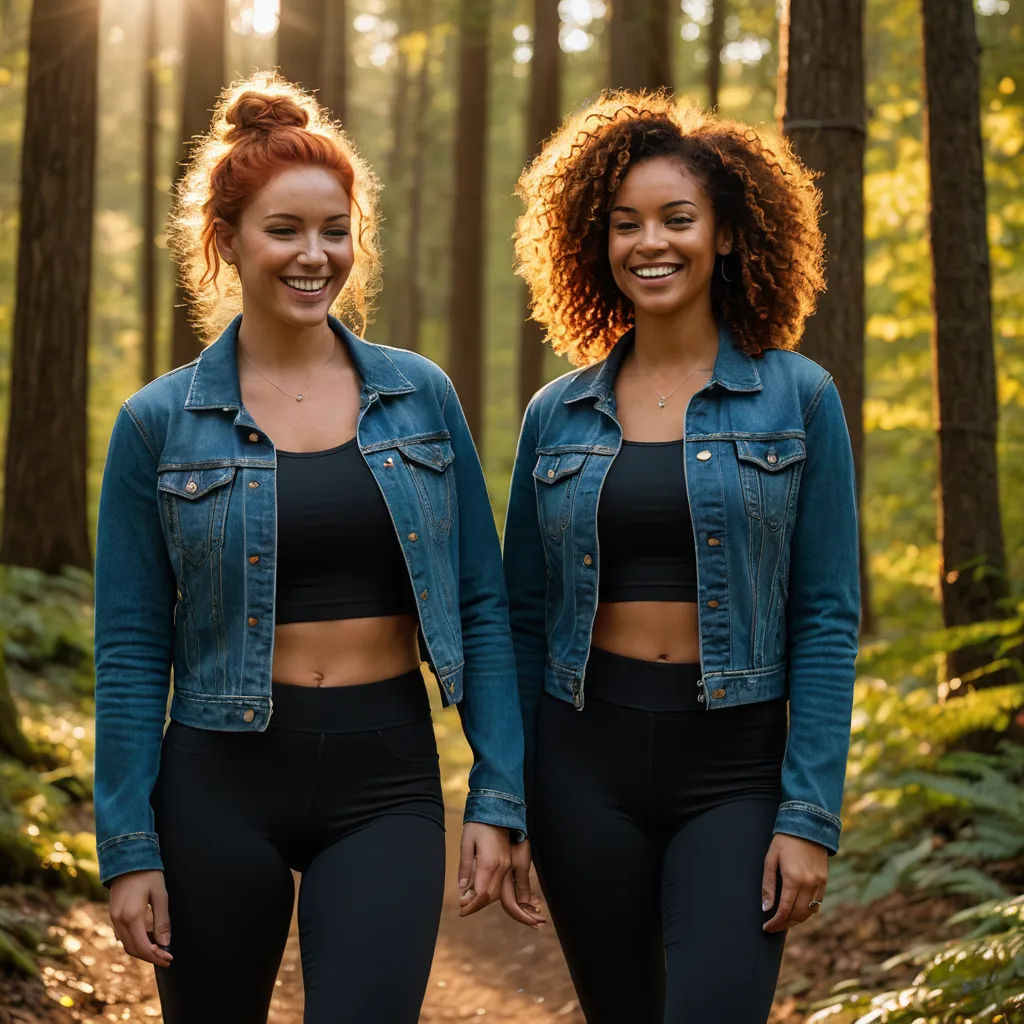 two women in black sports bras and denim jackets walking through a forest together, both smiling at the camera, incoherents, a stock photo, Daphne McClure, portrait photography