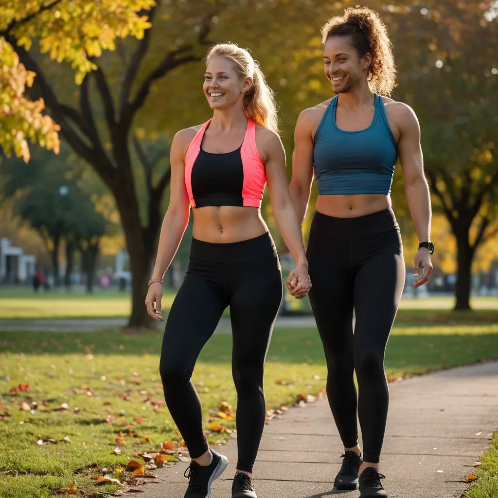 two women walking down a sidewalk holding hands and smiling at the camera, both wearing sports bras and leggings, private press, a stock photo, Dennis Ashbaugh, hourglass slim figure