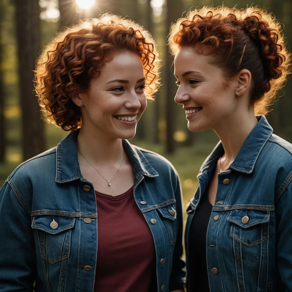 two women standing next to each other in a forest smiling at each other with their faces close together and their hair in the air, rayonism, a stock photo, Elke Vogelsang, portrait photography
