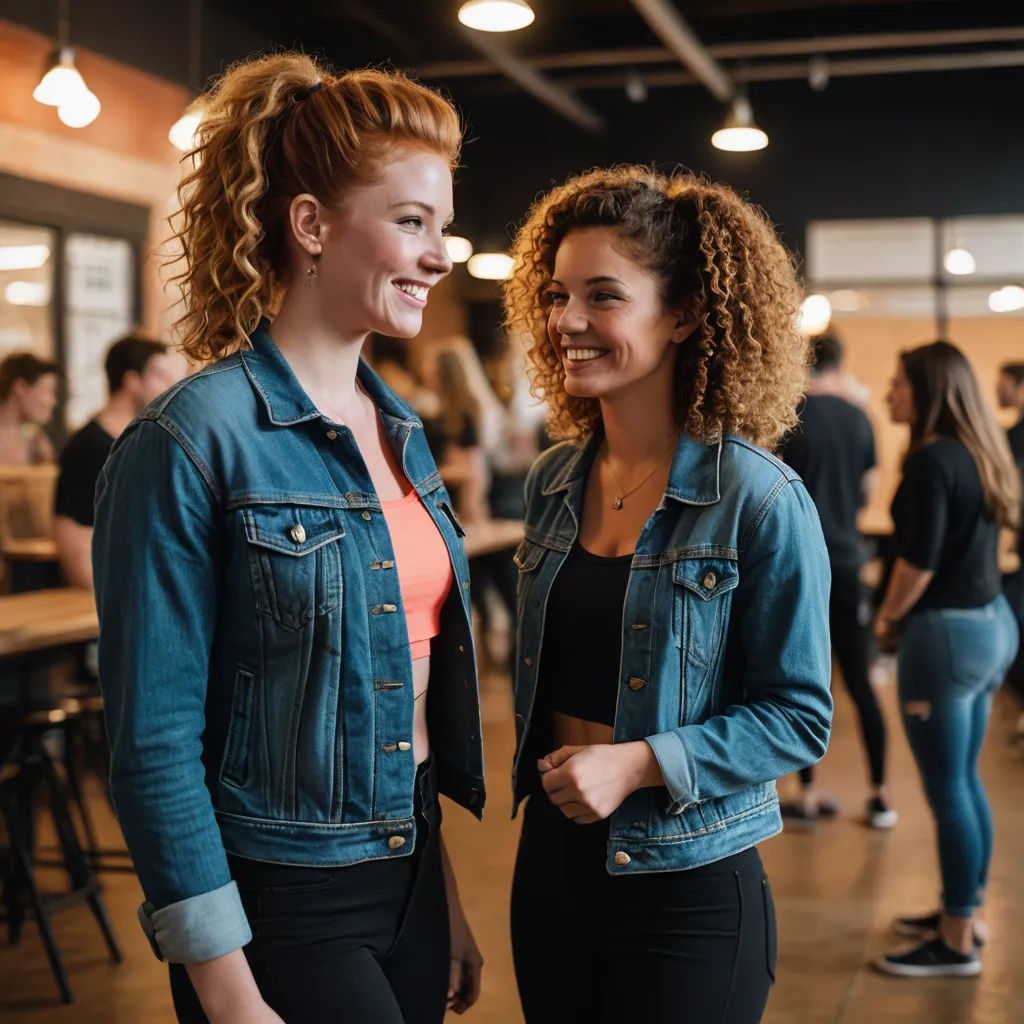 two women standing next to each other in a room with people in the background and one woman wearing a jean jacket, american barbizon school, a stock photo, Andries Both, promotional image