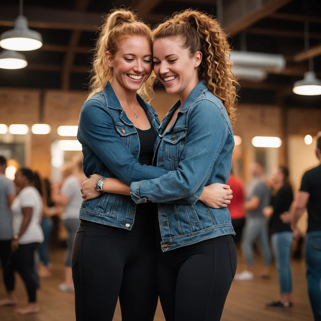 two women hugging each other in a dance studio with other people in the background and a few lights overhead, kitsch movement, a stock photo, Ella Guru, promotional image