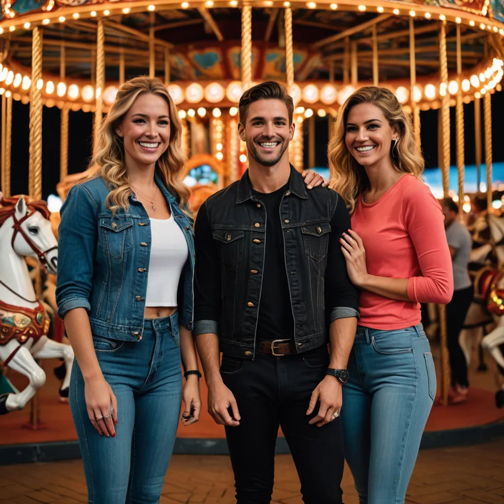 a man and two women standing in front of a carousel ride at a carnival or fairground with a merry go round, kitsch movement, a stock photo, Drew Tucker, promotional image