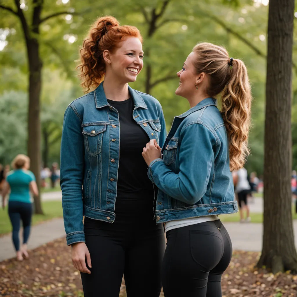 two women standing next to each other in a park together, one of them is wearing a jean jacket, private press, a stock photo, Christian Hilfgott Brand, portrait photography