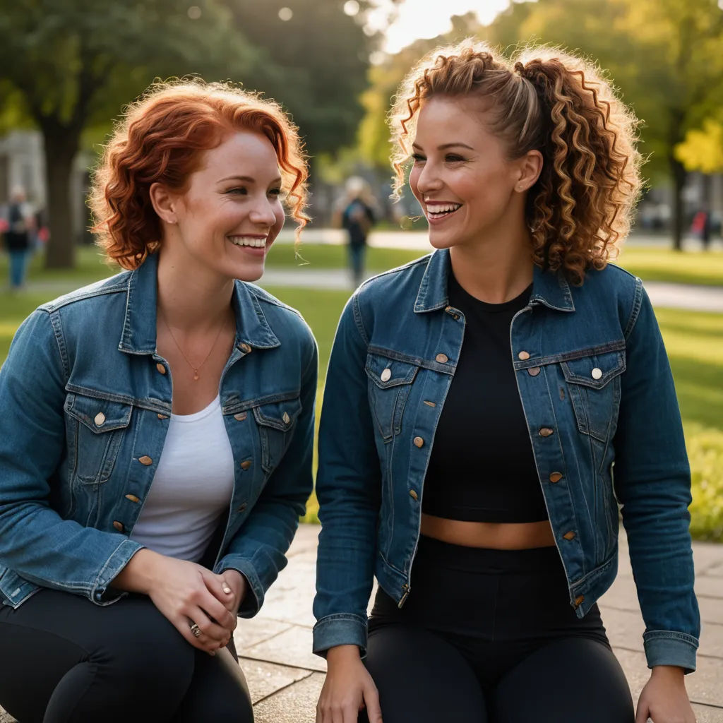 two women sitting on a brick walkway smiling at each other and laughing at the camera, with a park in the background, private press, a stock photo, Ella Guru, portrait photography