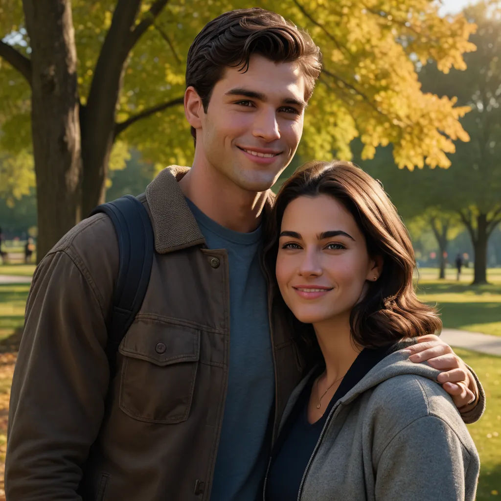 a man and a woman standing next to each other in a park with trees in the background and a path leading to the park, american scene painting, a poster, David Park, promotional image