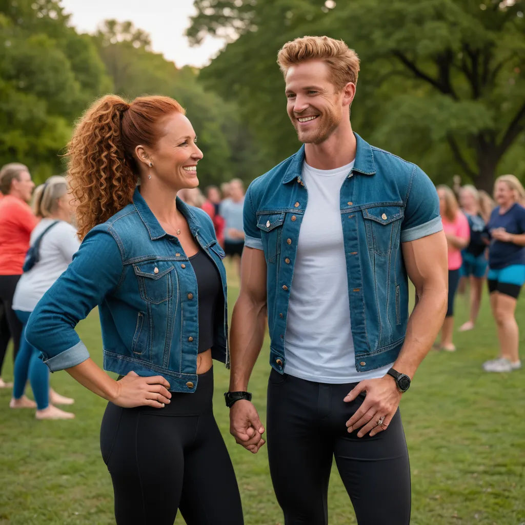 a man and woman standing next to each other in a field of people with trees in the background and people in the background, kitsch movement, a photocopy, Daren Bader, promotional image